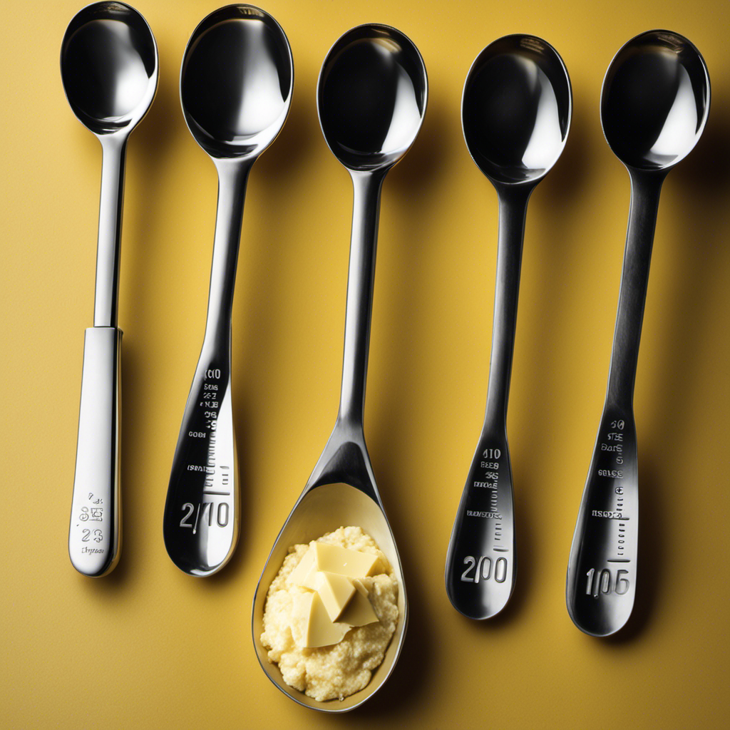 An image showcasing a stack of precise measuring spoons, with a stick of butter partially melted beside it