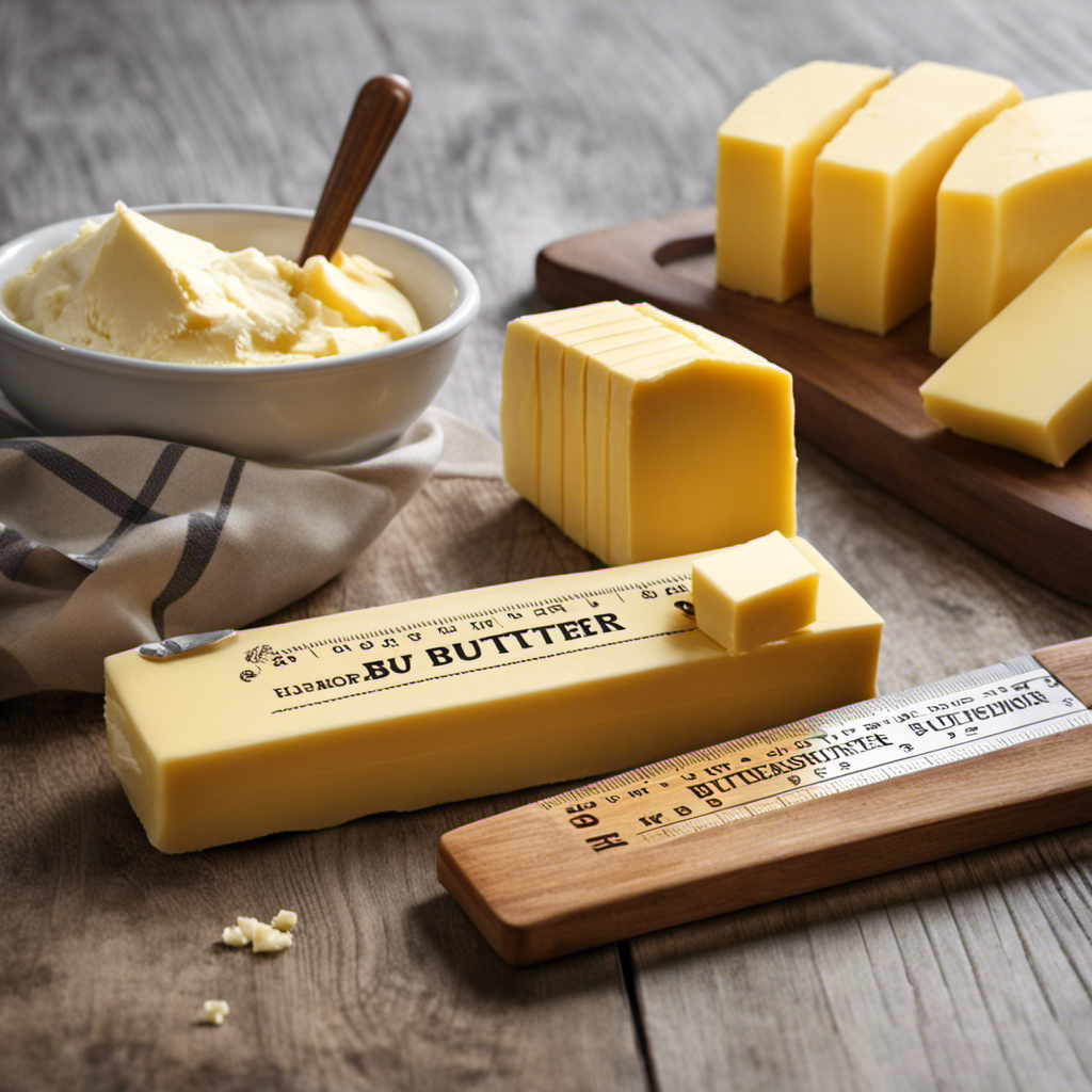An image depicting a wooden ruler placed next to a stack of precisely measured tablespoons of butter, showcasing the correct equivalent of a stick of butter to provide readers with practical tips for accurate butter measurement