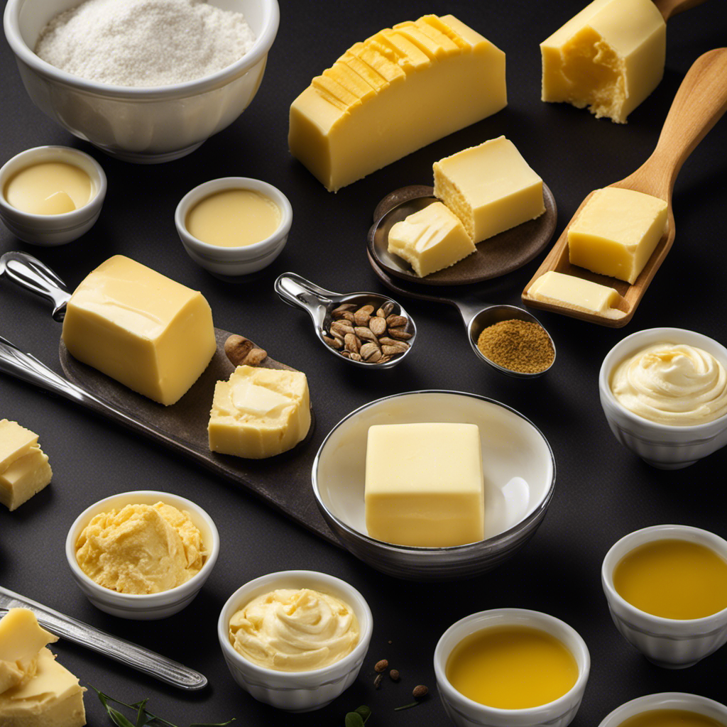 An image that visually represents the quantities of butter measurement equivalents, depicting a stick of butter alongside various measuring spoons and cups, showcasing the conversion of tablespoons