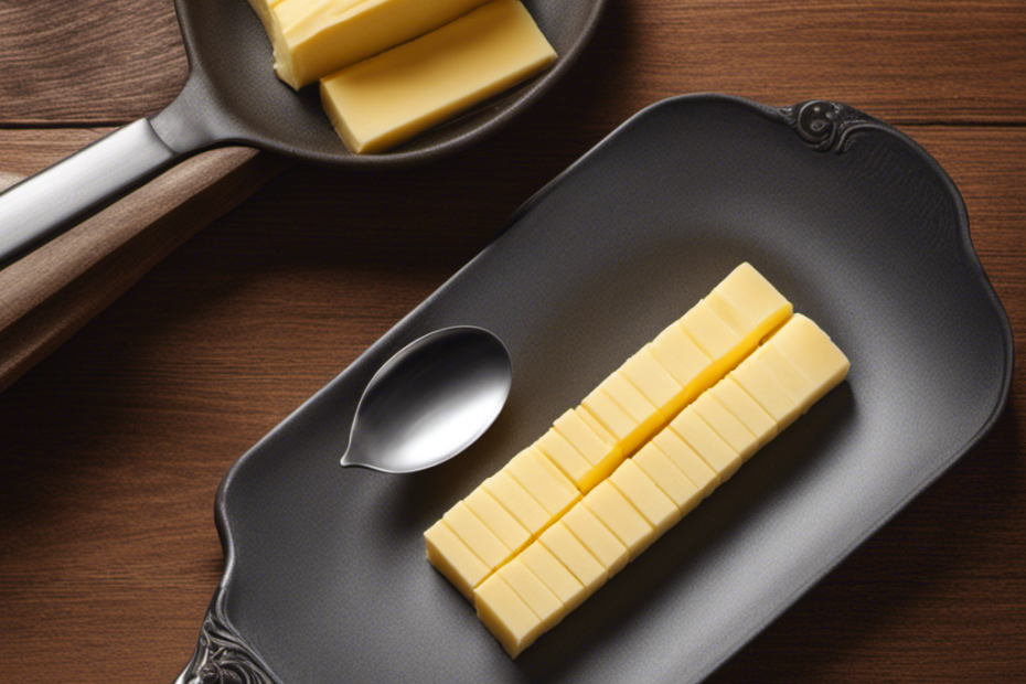 An image showcasing a perfectly sliced butter stick, with each tablespoon clearly marked and measured, providing a visual guide for readers to understand the quantity of tablespoons in a stick of butter