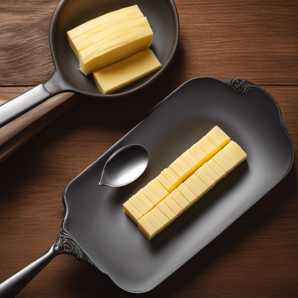 An image showcasing a perfectly sliced butter stick, with each tablespoon clearly marked and measured, providing a visual guide for readers to understand the quantity of tablespoons in a stick of butter