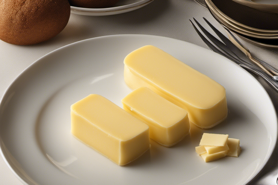 An image showcasing a stack of four identical tablespoons, precisely aligned, with a single stick of butter placed beside it