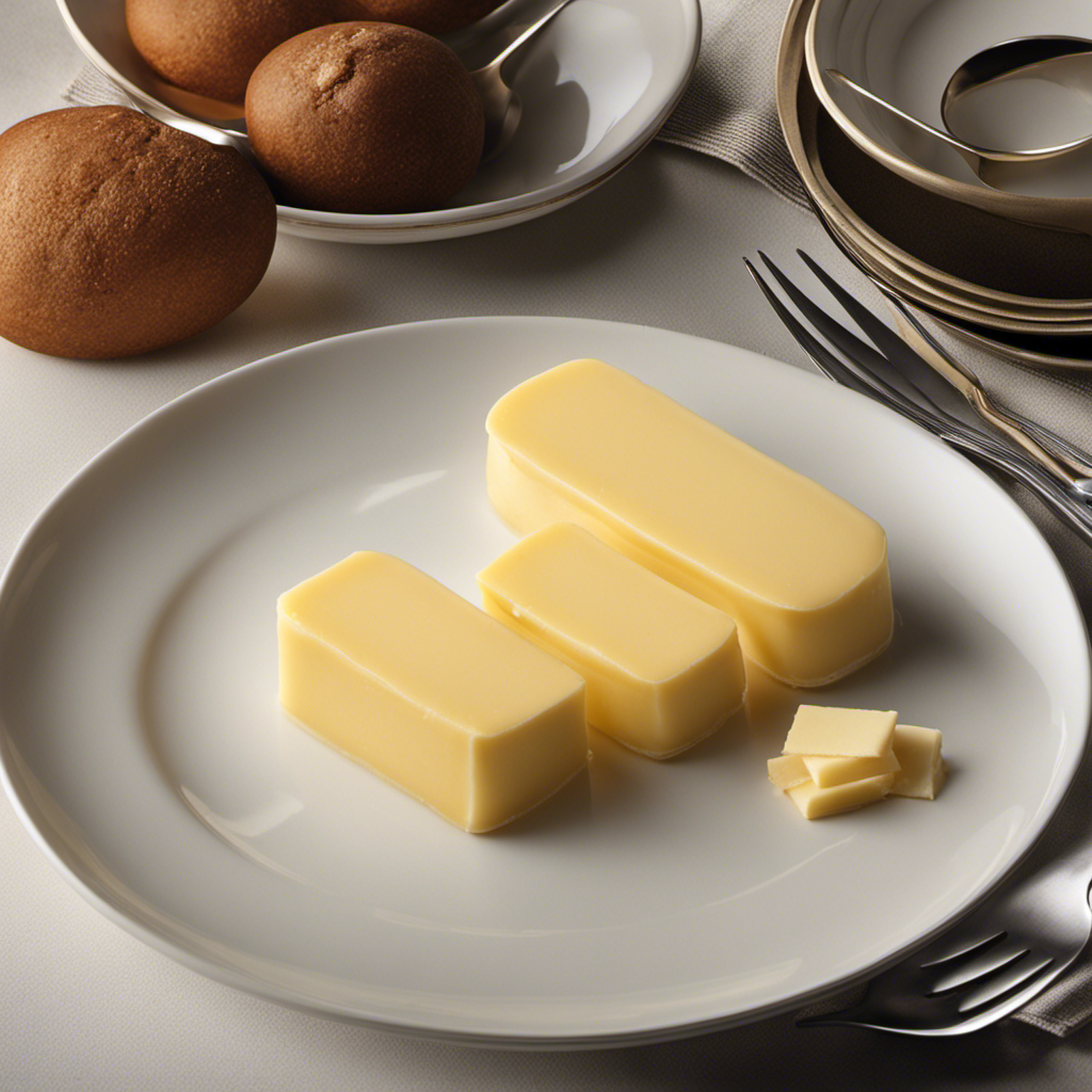 An image showcasing a stack of four identical tablespoons, precisely aligned, with a single stick of butter placed beside it