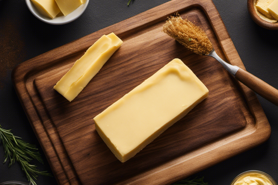 An image displaying a wooden cutting board with a golden stick of butter placed on top