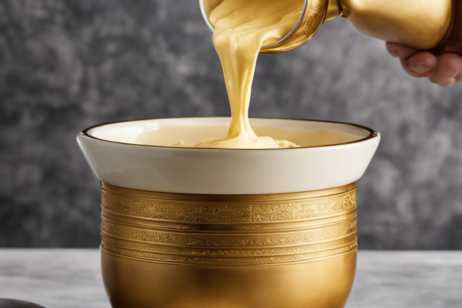 An image capturing the process of scooping creamy, golden butter into a measuring cup, precisely filling it halfway