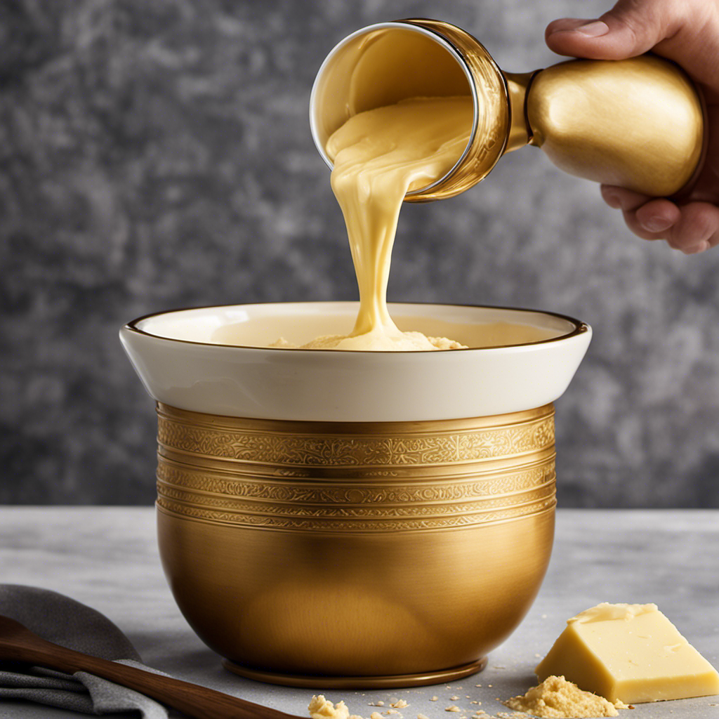 An image capturing the process of scooping creamy, golden butter into a measuring cup, precisely filling it halfway