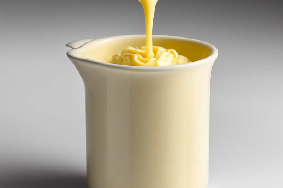 An image showcasing a measuring cup filled with precisely 1/3 cup of butter, beautifully displayed against a clean, white background