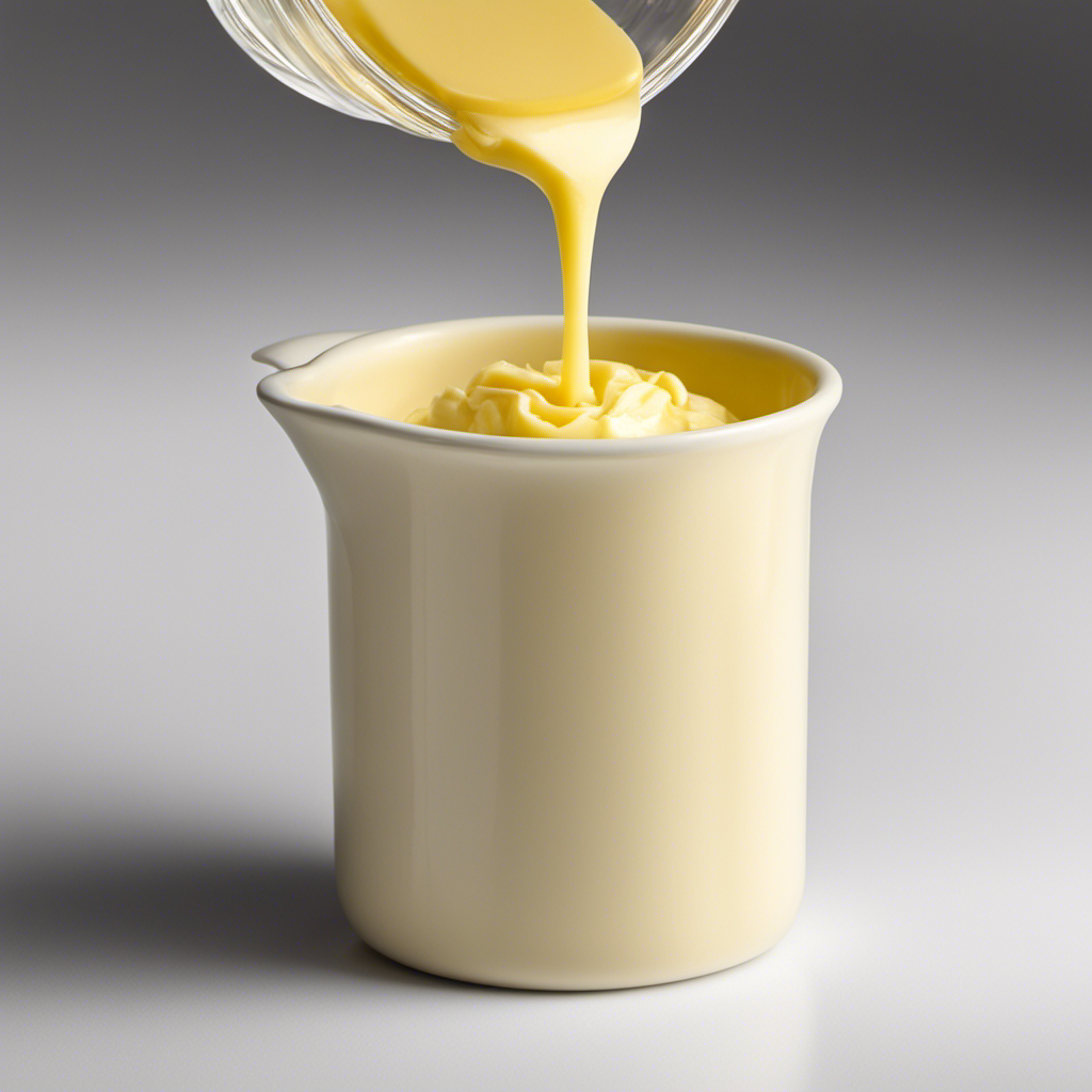 An image showcasing a measuring cup filled with precisely 1/3 cup of butter, beautifully displayed against a clean, white background