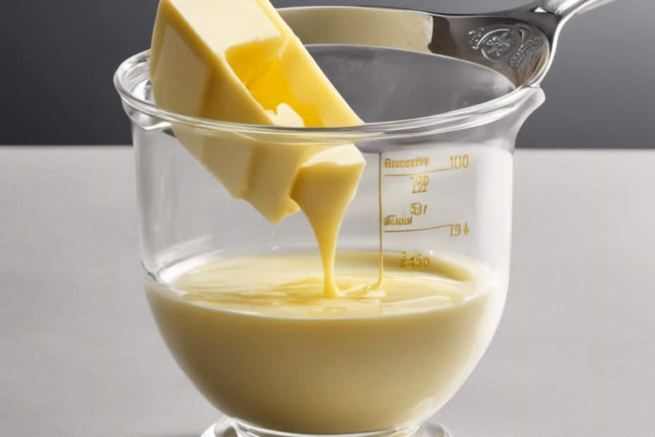 An image showcasing a measuring cup filled with 1/4 cup of butter, beautifully sliced into tablespoon-sized portions, providing a clear visual representation of the conversion between tablespoons and 1/4 cup
