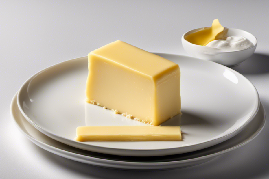 An image showcasing a stick of butter, gently softened, resting on a pristine white plate
