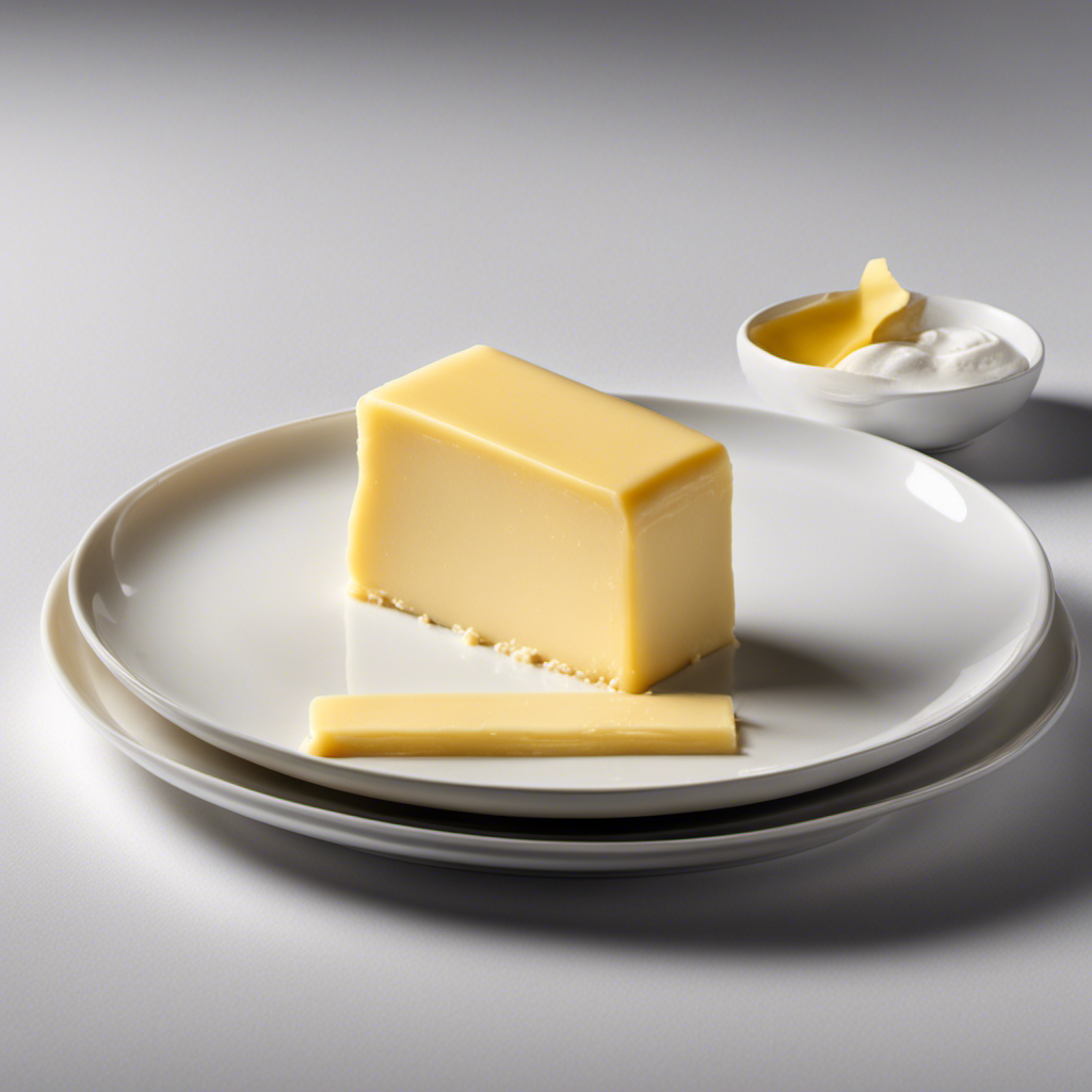An image showcasing a stick of butter, gently softened, resting on a pristine white plate