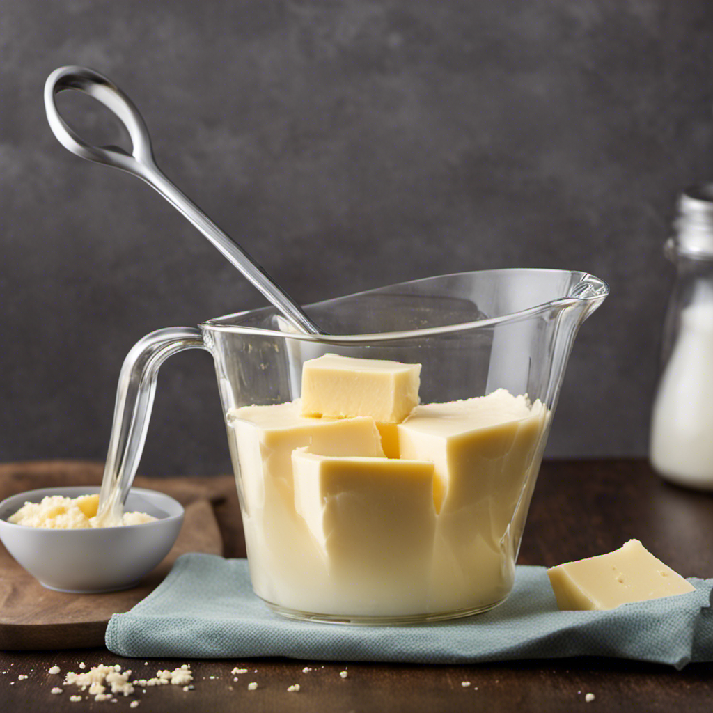 An image showcasing a glass measuring cup filled with 2/3 cup of creamy butter, perfectly leveled at the brim, with a tablespoon placed beside it, highlighting the equivalent measurement
