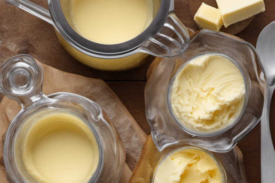 An image displaying a measuring cup filled with 3/4 cup of butter, surrounded by four identical tablespoons