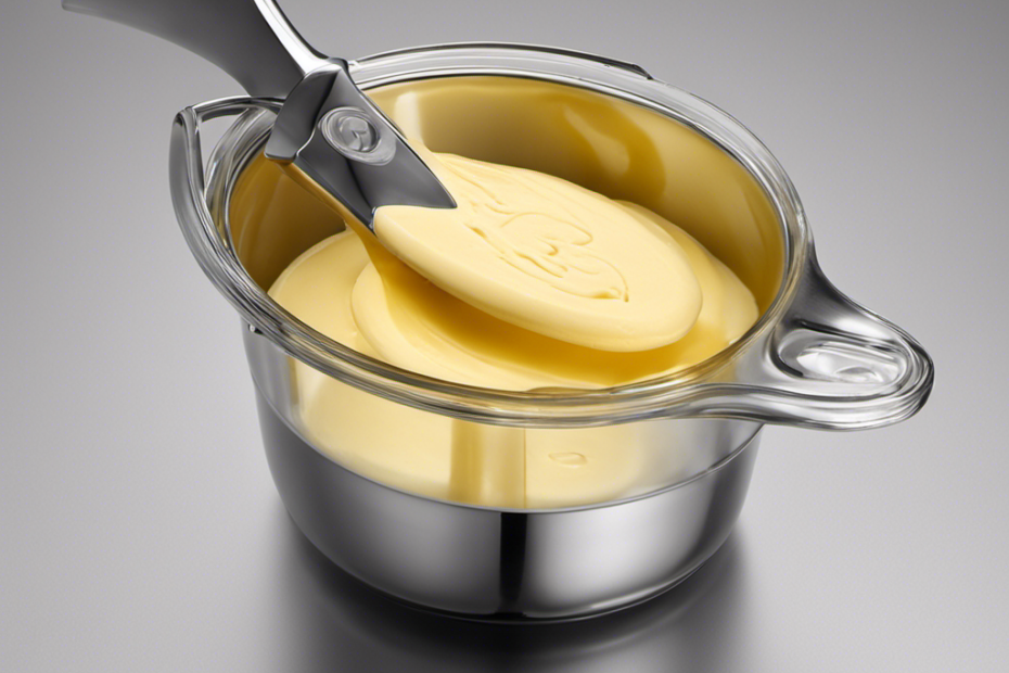 An image depicting a clear measuring cup filled with 3/4 cup of creamy, golden butter, perfectly level at the brim, with slight ripples gently reflecting light, showcasing the exact tablespoon measurements