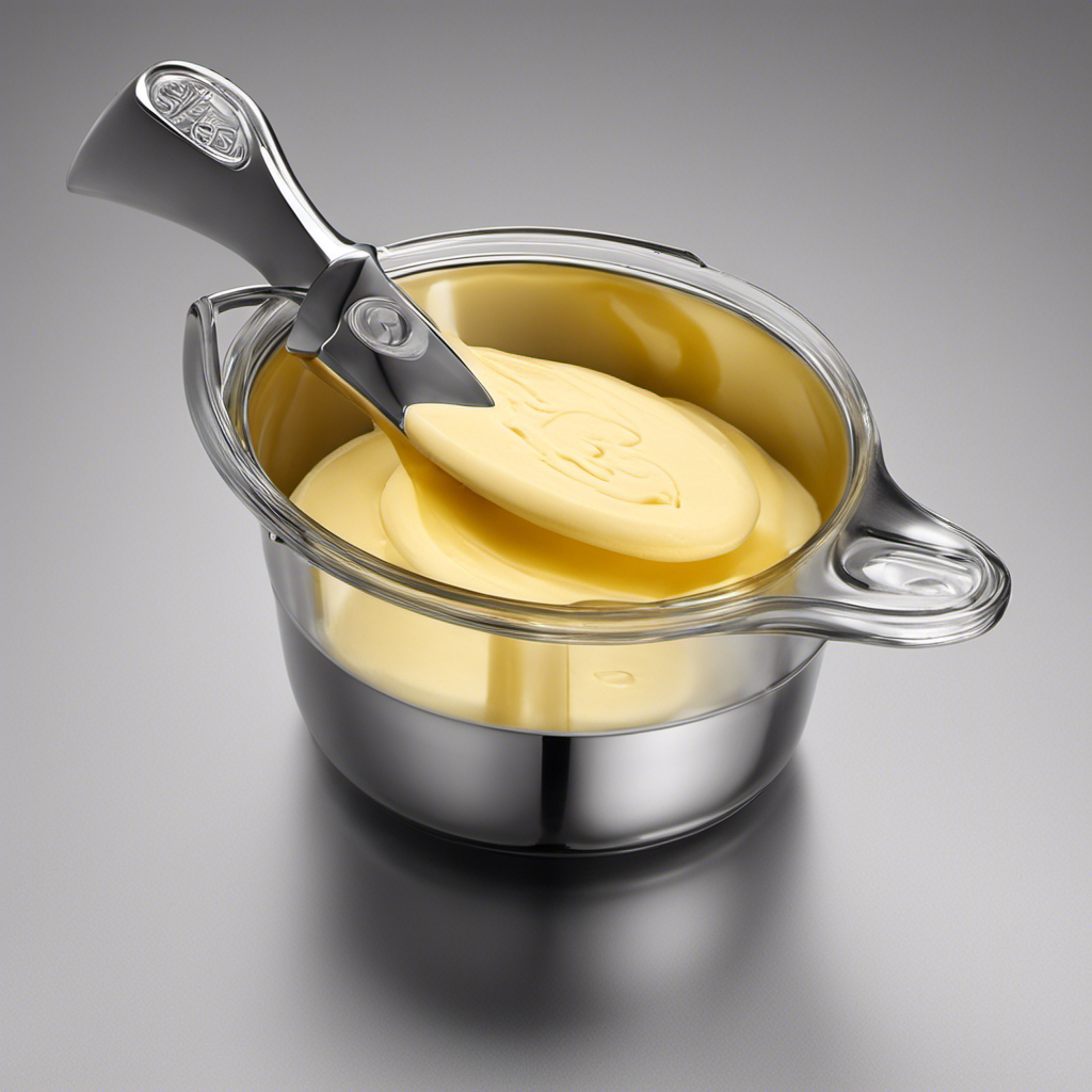 An image depicting a clear measuring cup filled with 3/4 cup of creamy, golden butter, perfectly level at the brim, with slight ripples gently reflecting light, showcasing the exact tablespoon measurements