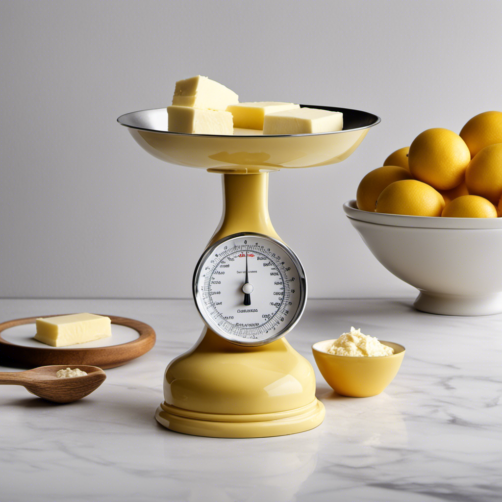 An image showcasing a classic kitchen scale with a stick of butter placed next to it, clearly displaying the weight in tablespoons