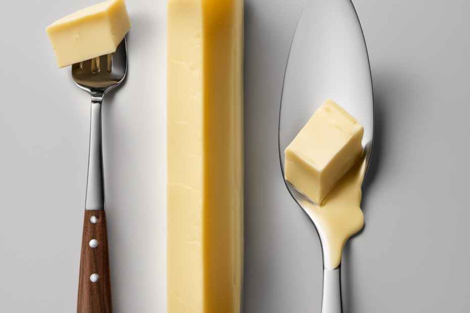 An image showcasing a stick of butter divided into four equal sections, with one section highlighted and labeled as a tablespoon