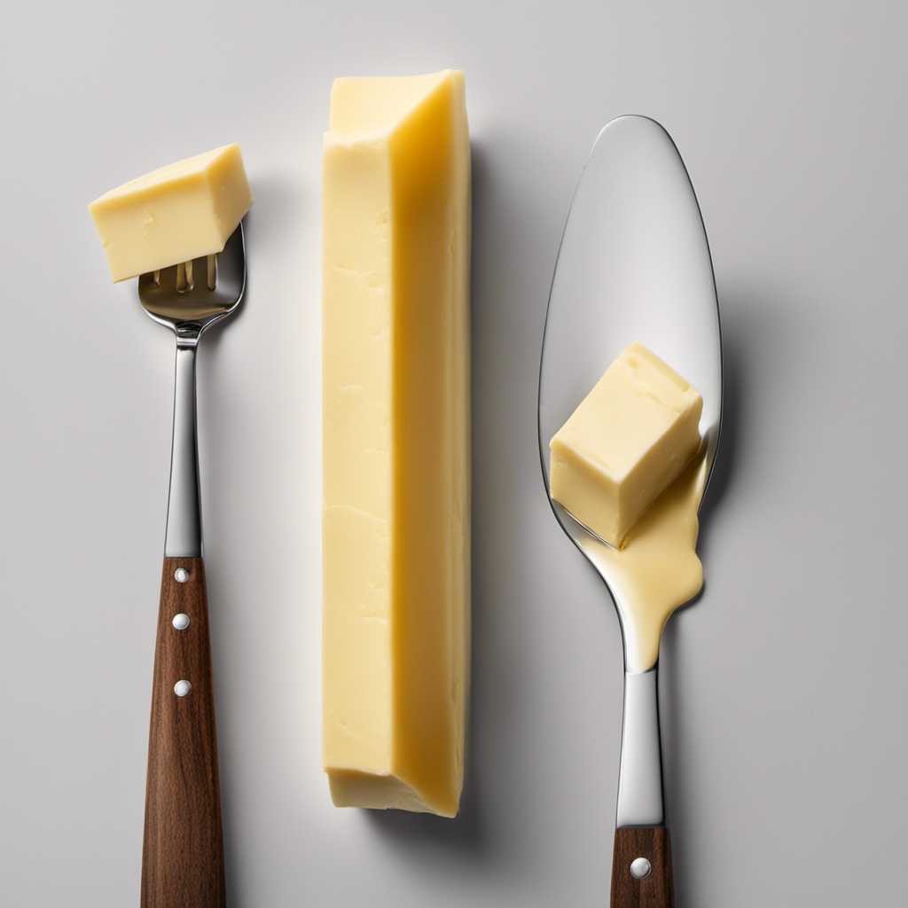 An image showcasing a stick of butter divided into four equal sections, with one section highlighted and labeled as a tablespoon