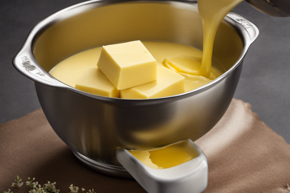 An image showcasing a measuring cup filled with exactly 1/3 cup of butter, melted to a smooth consistency, with a tablespoon placed next to it, containing precisely how many tablespoons are in 1/3 cup