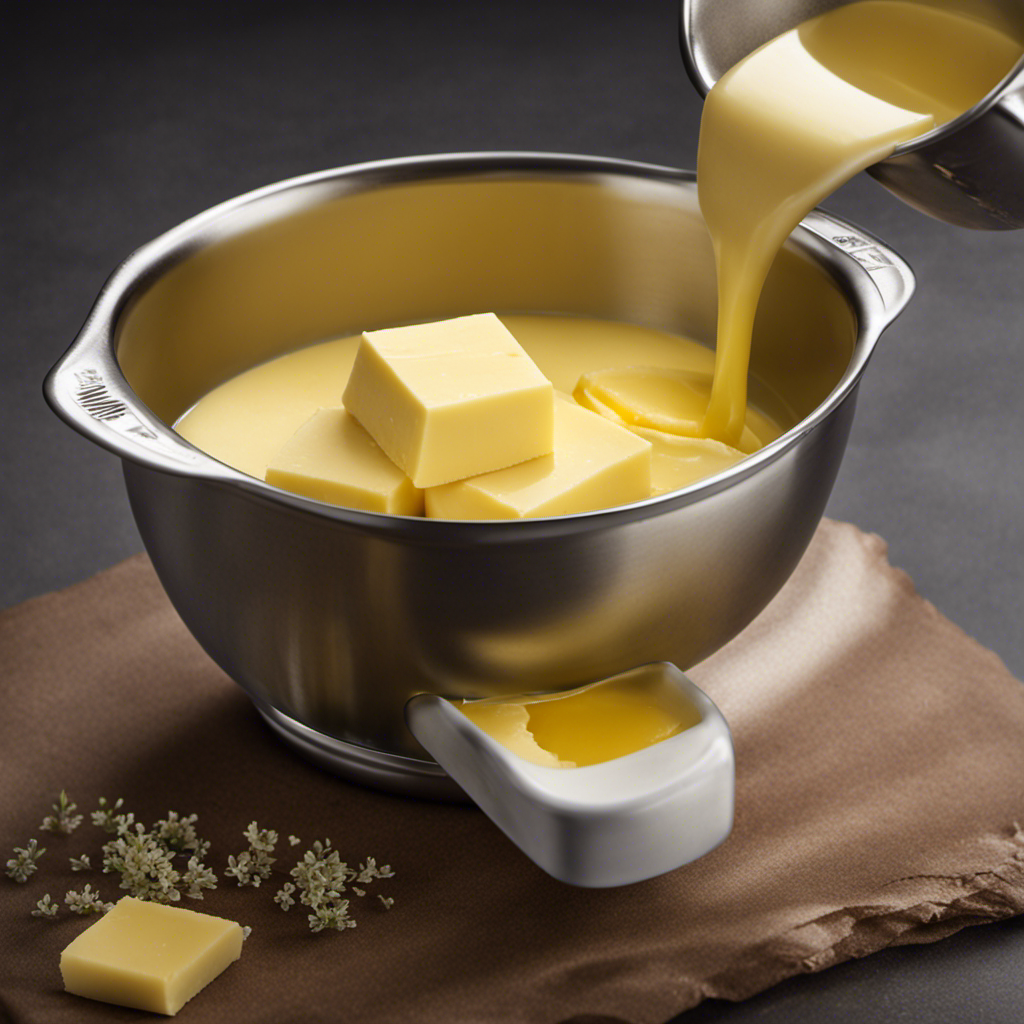 An image showcasing a measuring cup filled with exactly 1/3 cup of butter, melted to a smooth consistency, with a tablespoon placed next to it, containing precisely how many tablespoons are in 1/3 cup