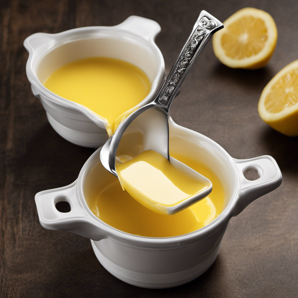 An image showing a measuring cup filled with 2/3 cup of melted butter, alongside a tablespoon