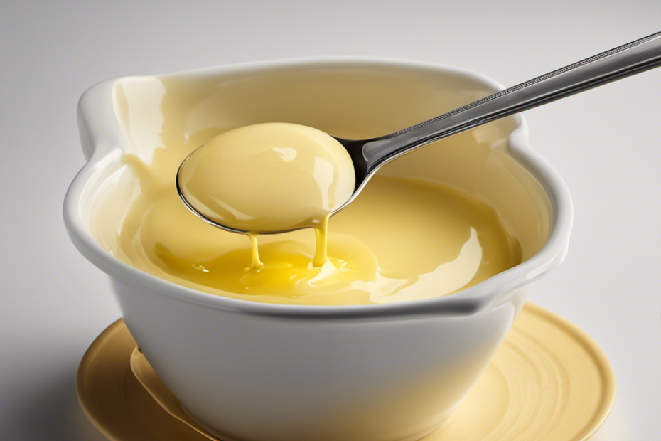 An image that showcases a measuring cup filled with 3/4 cup of melted butter, pouring it into a bowl, with each tablespoon increment clearly visible, highlighting the conversion from cups to tablespoons