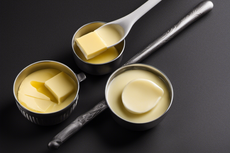 An image that showcases a tablespoon and a stick of butter side by side, highlighting their size difference