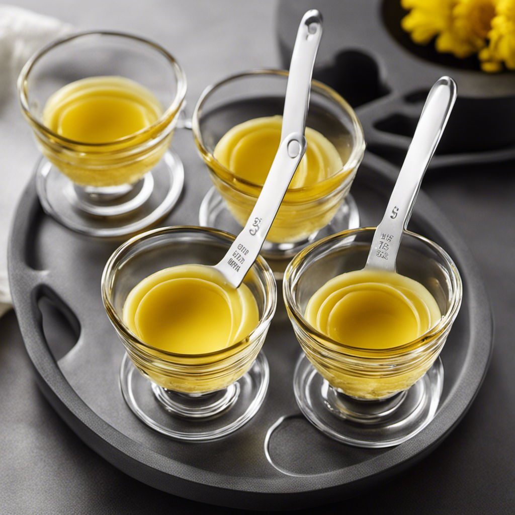 An image showcasing a clear glass measuring cup containing 1/3 cup of melted butter, while several identical teaspoons are neatly aligned beside it, emphasizing the conversion from volume to teaspoons
