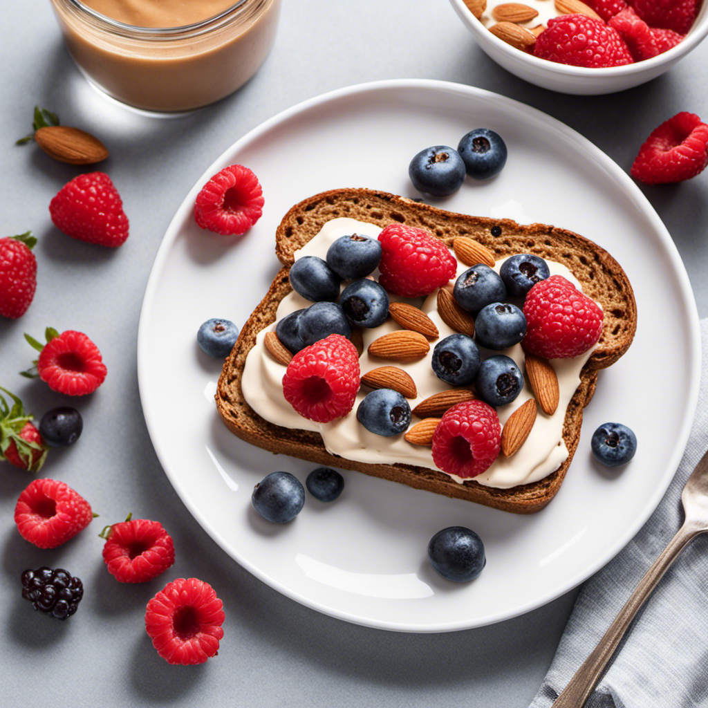 An image showcasing a perfectly portioned tablespoon of creamy almond butter spread on a crisp slice of whole wheat toast, accompanied by a bowl of fresh mixed berries and a glass of refreshing water