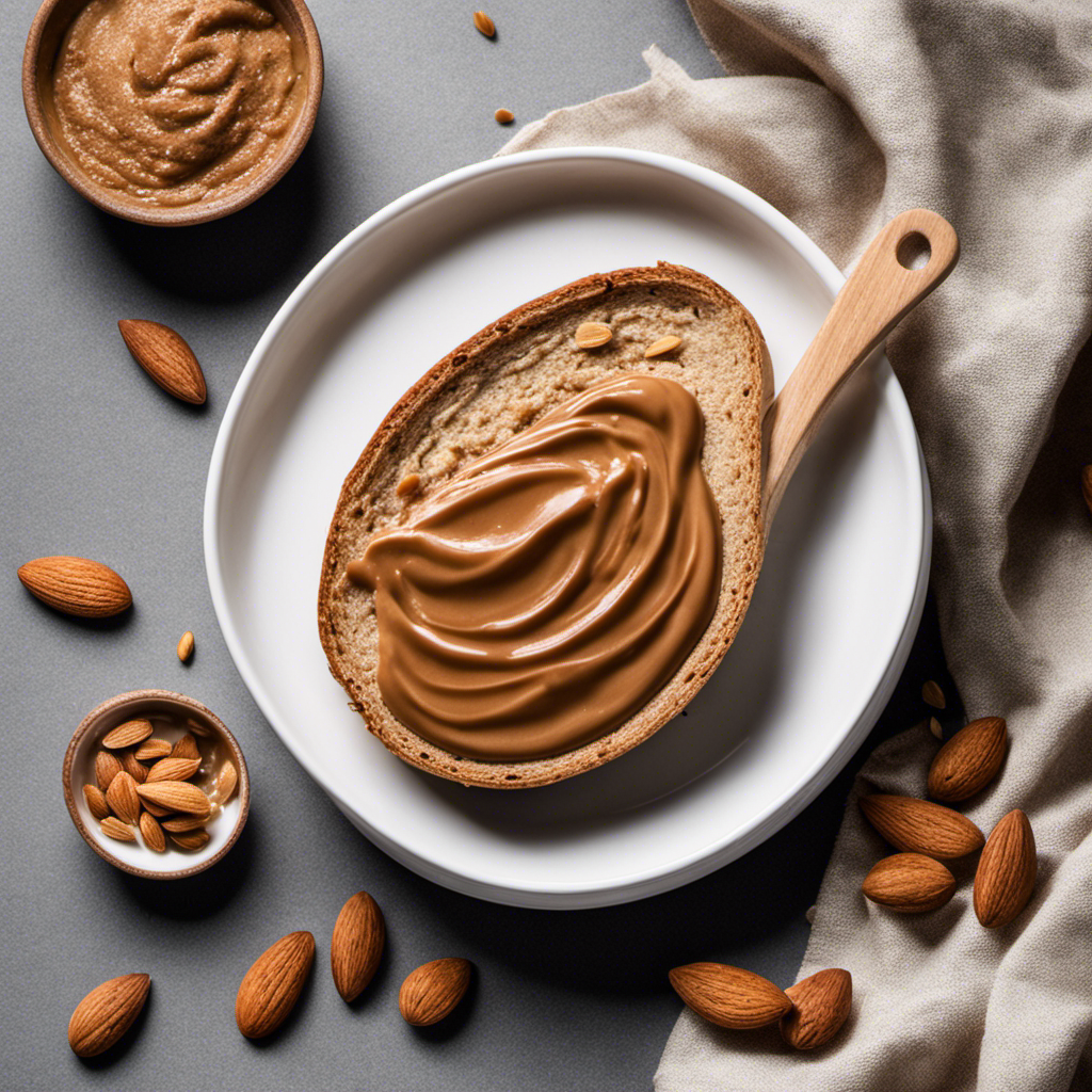 An image showcasing a wooden spoon gently scooping a perfect dollop of creamy almond butter onto a slice of toast, demonstrating the ideal portion size for incorporating almond butter into your daily routine
