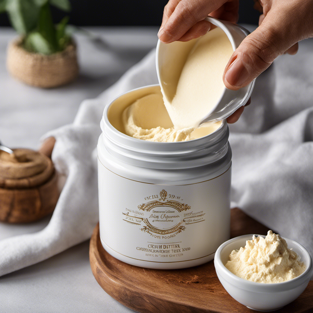 An image showcasing a close-up of a hand pouring a precise amount of arrowroot powder into a bowl of creamy body butter