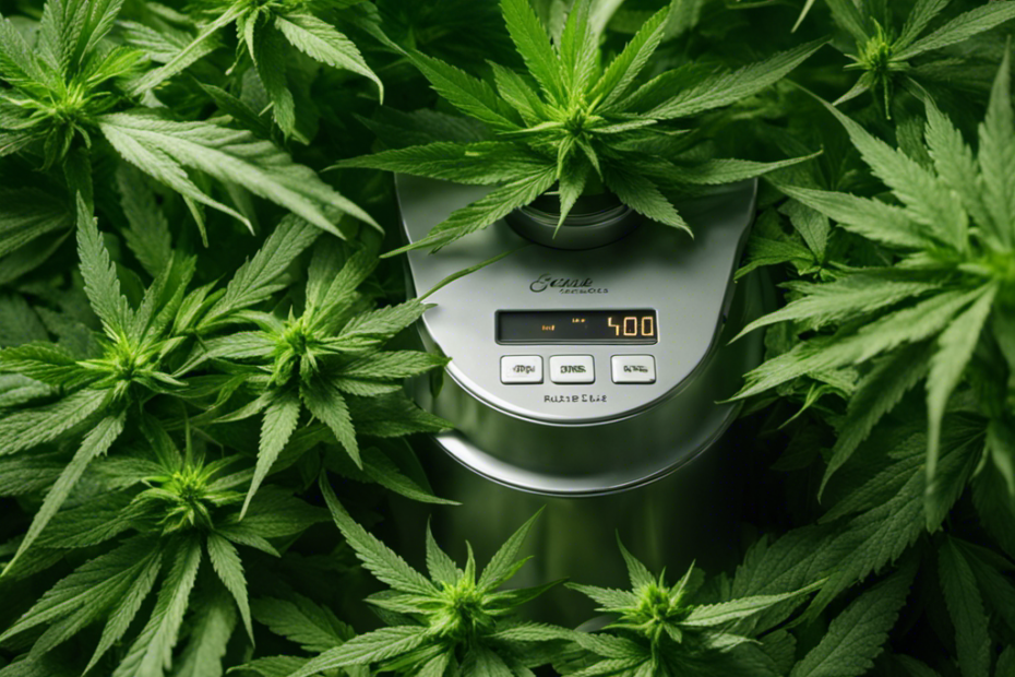 An image showcasing the precise measurement of fresh cannabis buds being carefully added to the Magical Butter Maker, as vibrant green leaves gracefully fall into the machine, symbolizing the perfect infusion process