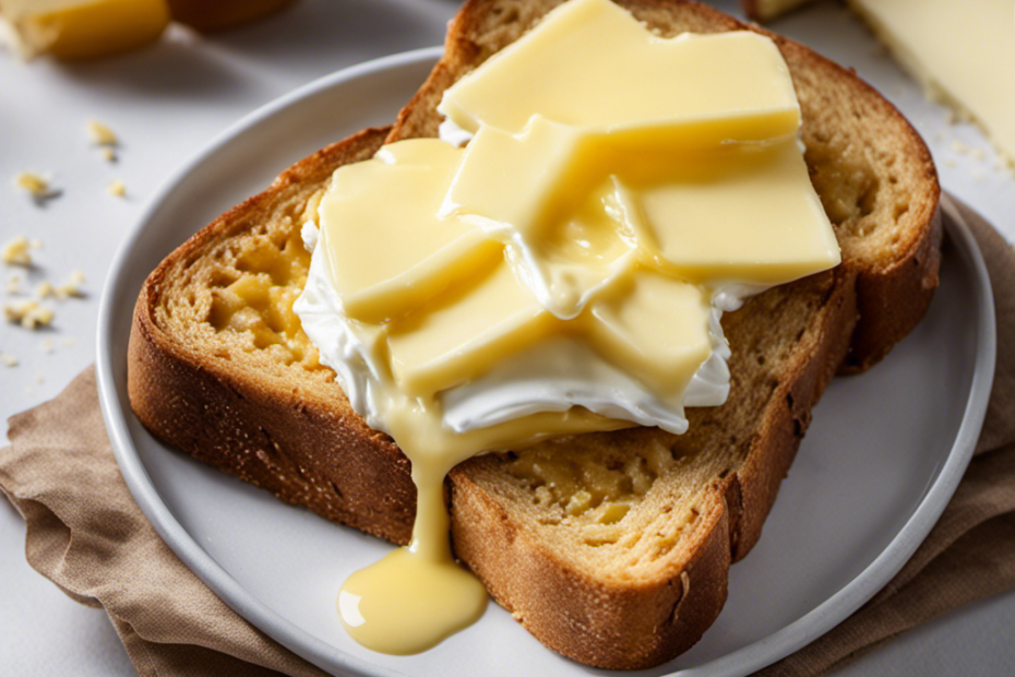 An image of a buttery slice of toast, perfectly golden and topped with a generous dollop of butter that melts slowly, enticingly inviting you to explore the topic of "How Much Butter Can I Eat a Day" on the blog post