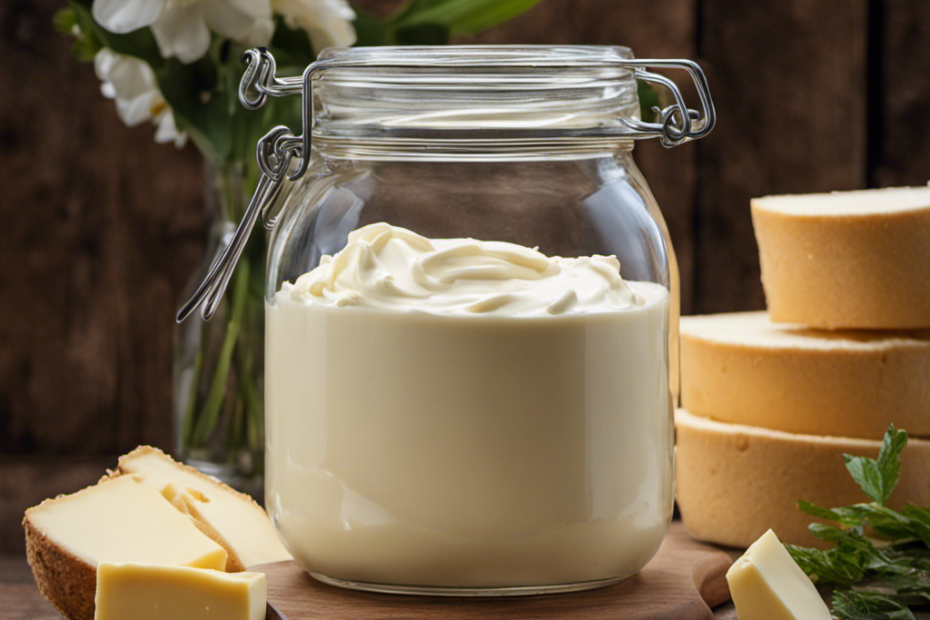 An image showing a quart-sized glass jar filled with creamy, white heavy cream, with a wooden churn and butter paddle nearby