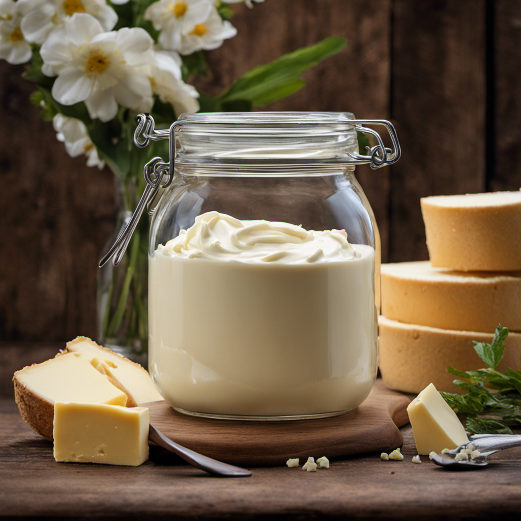 An image showing a quart-sized glass jar filled with creamy, white heavy cream, with a wooden churn and butter paddle nearby