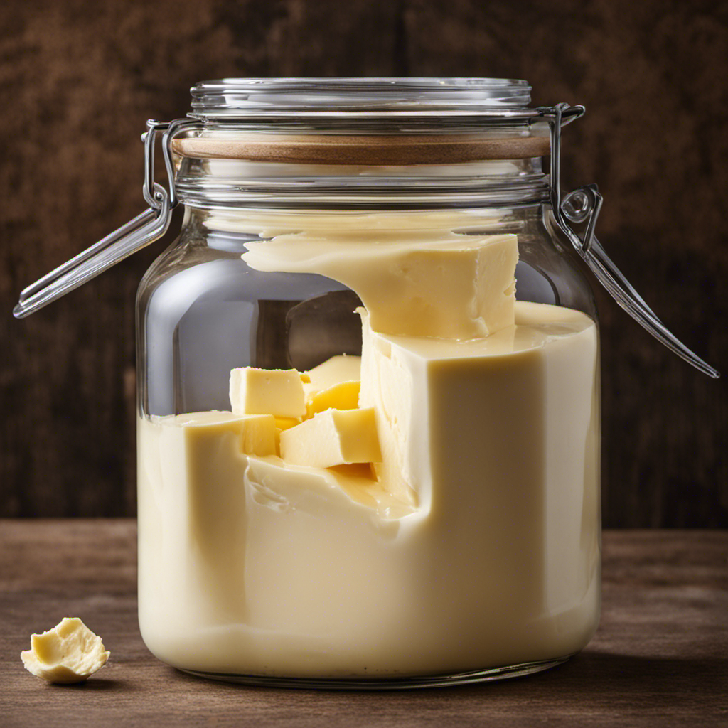 An image showcasing a vintage glass quart jar filled to the brim with fresh, creamy white dairy goodness, as golden butter gently separates, forming a luscious pat atop the surface