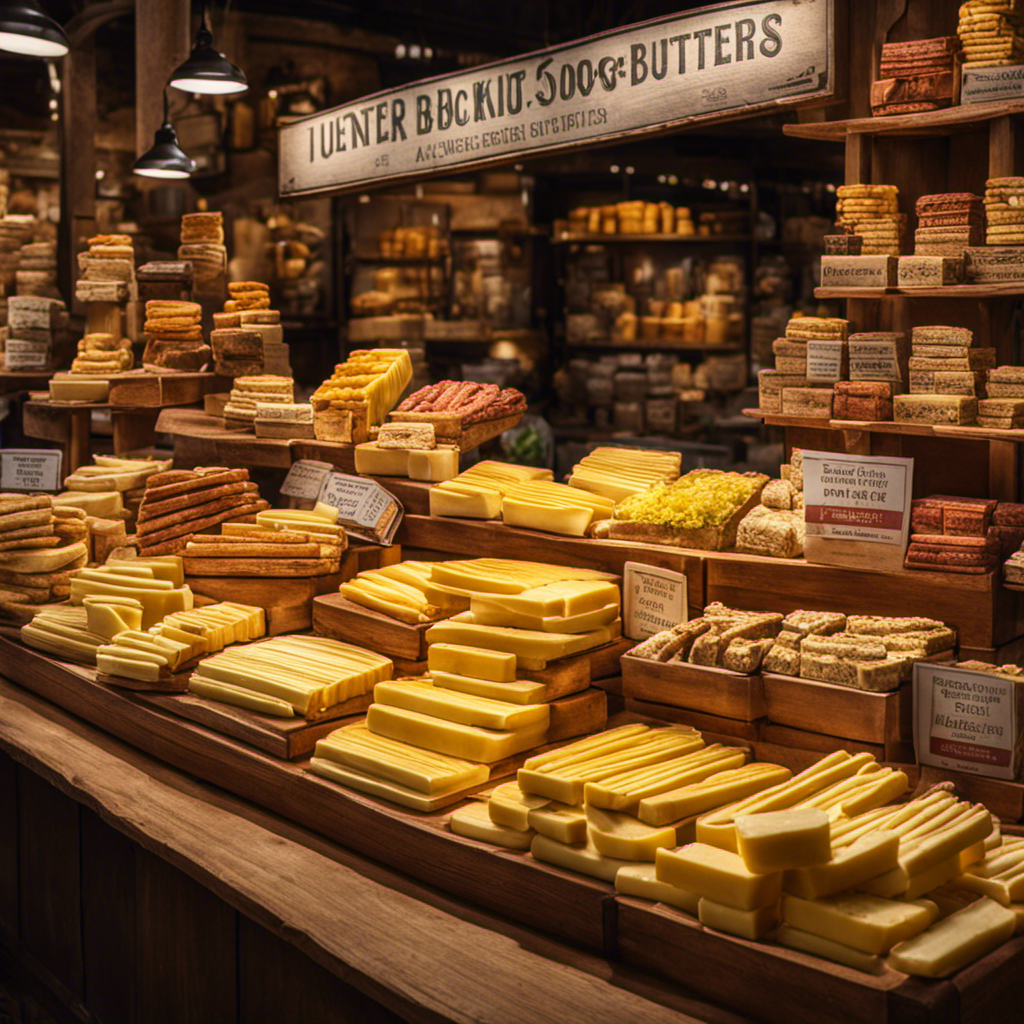 An image showing a vibrant market stall filled with various sized butter sticks, ranging from tiny to enormous, enticingly displayed on a wooden counter