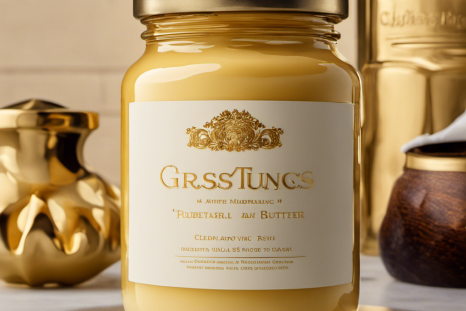 An image showcasing a glass quart jar brimming with velvety white cream, gradually transforming into a rich lump of golden butter