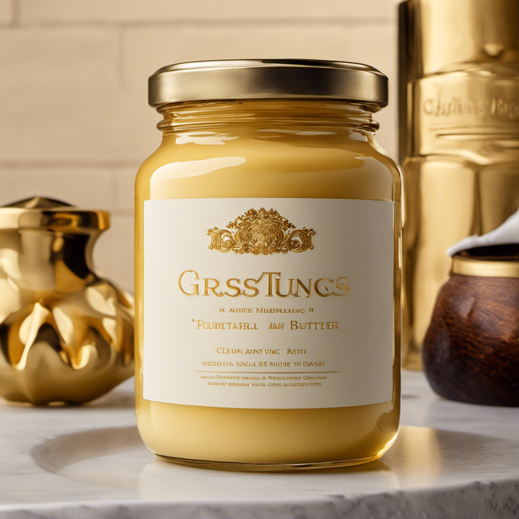 An image showcasing a glass quart jar brimming with velvety white cream, gradually transforming into a rich lump of golden butter