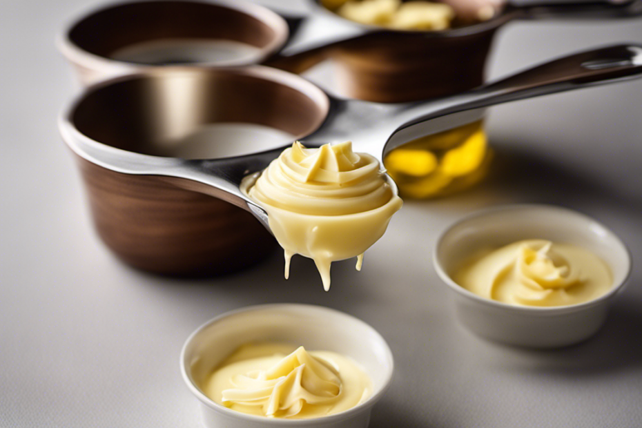 An image displaying two identical measuring cups: one filled to the brim with softened butter, the other containing precisely half the amount of liquid oil, both perfectly measured at 1/2 cup