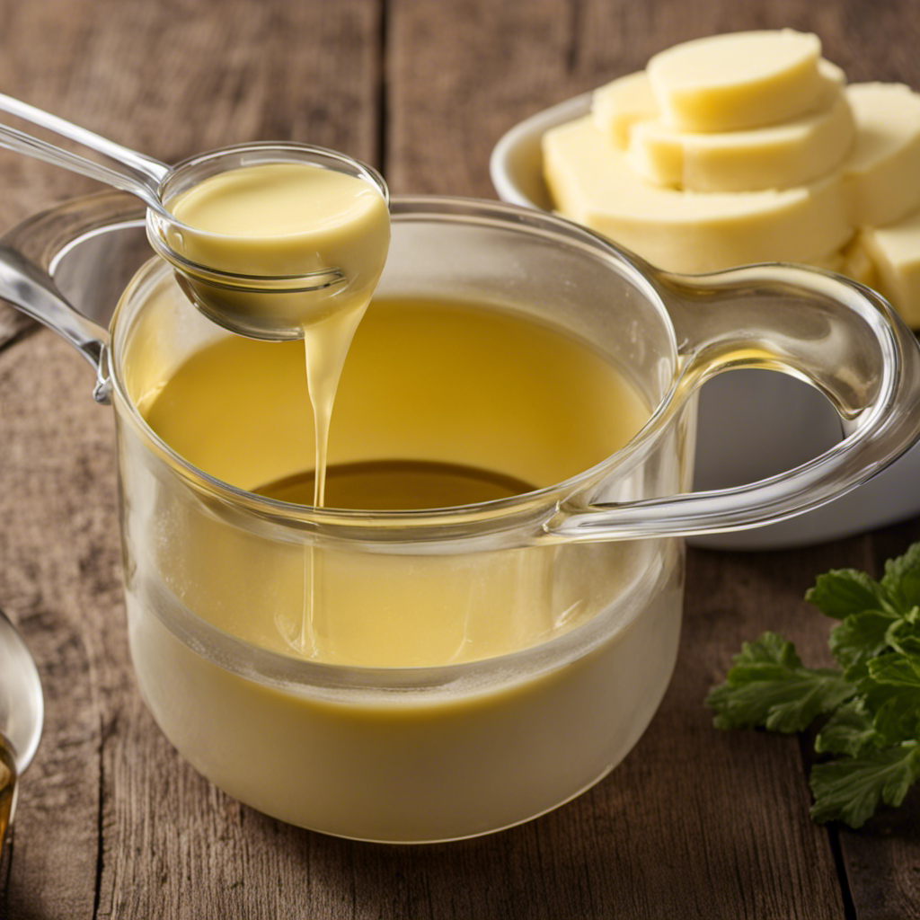 An image showcasing a measuring cup filled halfway with vegetable oil, while a precise amount of softened butter, equivalent to half a cup, is being meticulously added, emphasizing the conversion from oil to butter in baking recipes