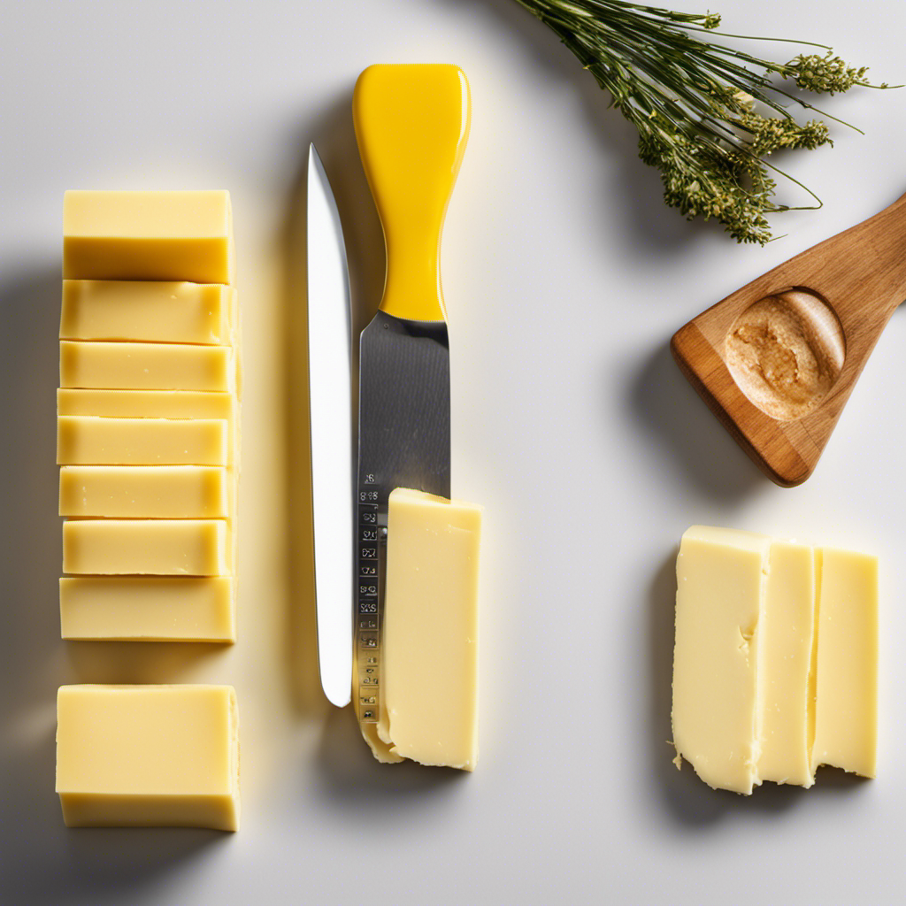An image showcasing a vibrant yellow stick of butter, sliced into neat portions, with each section labeled and aligned next to a ruler, visually representing the precise measurements for each quantity of butter in a stick