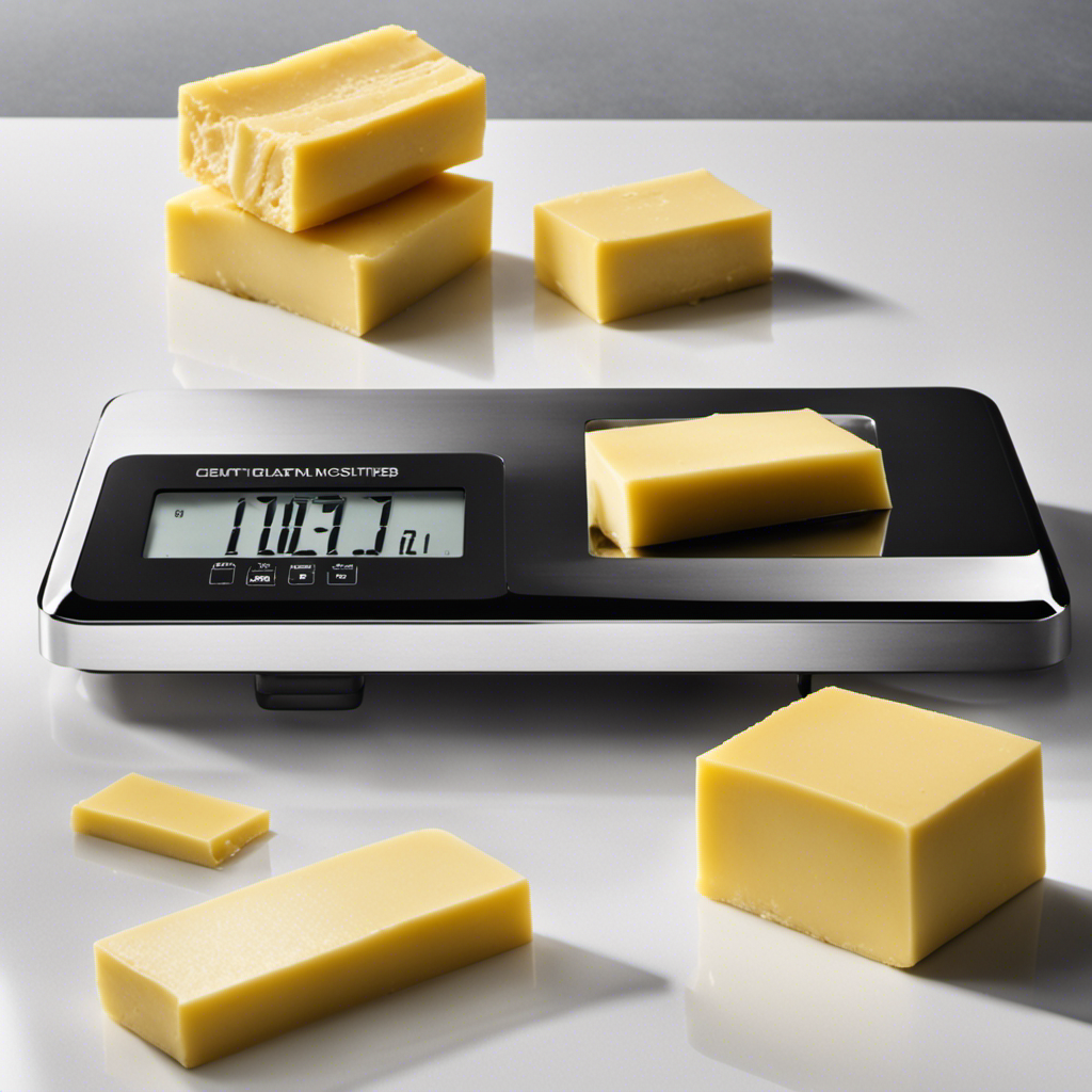 An image showcasing a sleek kitchen scale with a single stick of butter placed on one side, while a pound of butter is gently balanced on the other side