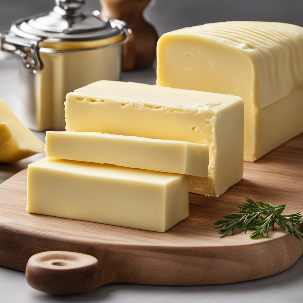 An image showcasing a close-up of a standard stick of butter, its rectangular shape and dimensions clearly visible, with a pat of butter sliced to reveal its creamy texture