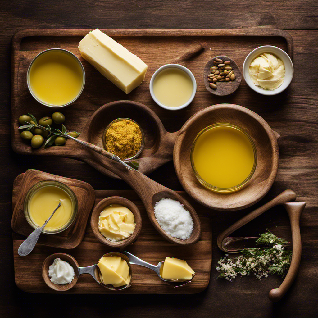 An image showcasing a variety of butter substitutes, including sticks of margarine, coconut oil, and olive oil spread, arranged in a line on a rustic wooden cutting board, surrounded by measuring spoons and a vintage butter dish