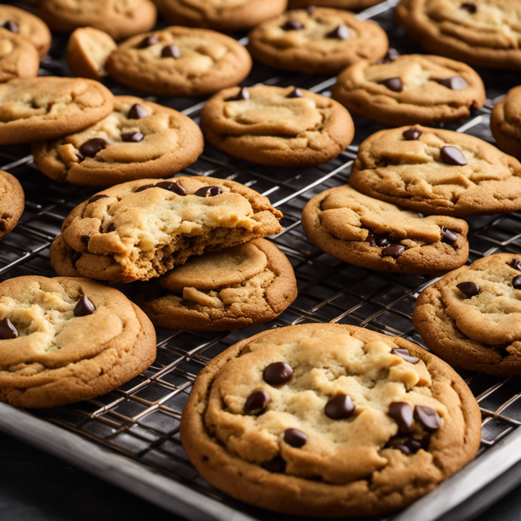 An image showcasing a close-up shot of a baking tray filled with freshly baked cookies, each perfectly shaped and golden brown, surrounded by a stack of butter sticks, highlighting their uniform size and creamy texture