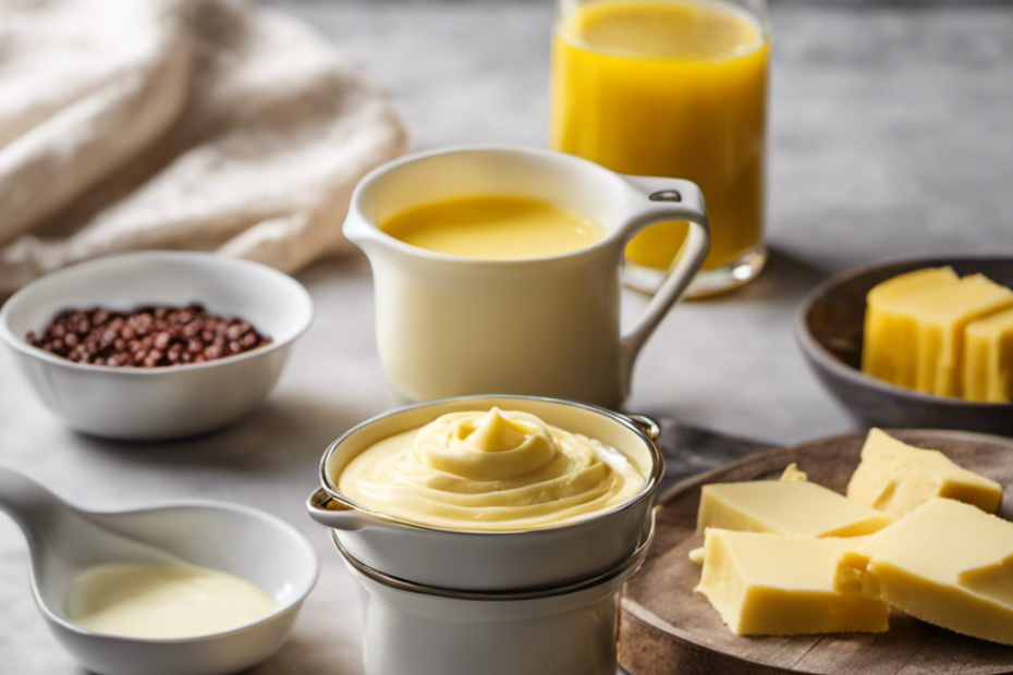 An image showcasing a measuring cup filled with creamy yellow butter, perfectly measuring a half cup, juxtaposed with a clear glass measuring cup filled with golden oil, representing the equivalent measure