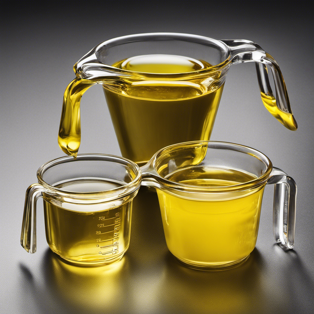 An image featuring two clear glass measuring cups side by side, one filled with 1/3 cup of golden melted butter, and the other with an equal amount of light yellow oil, showcasing the striking contrast between the two