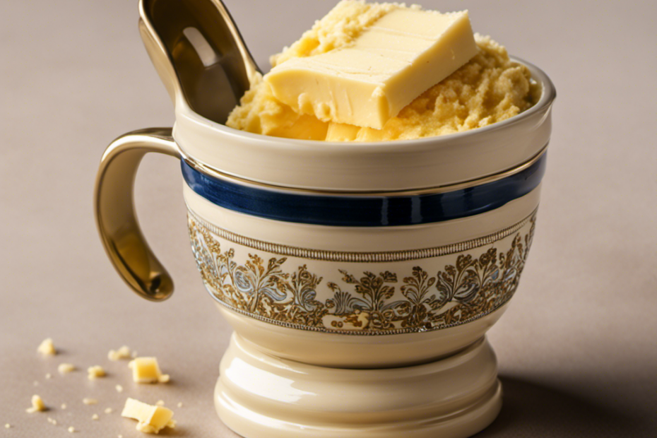 An image depicting a measuring cup filled precisely to the 1/4 cup mark with creamy, golden butter