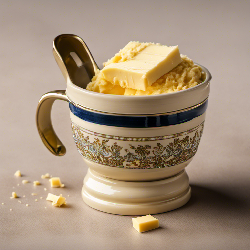An image depicting a measuring cup filled precisely to the 1/4 cup mark with creamy, golden butter